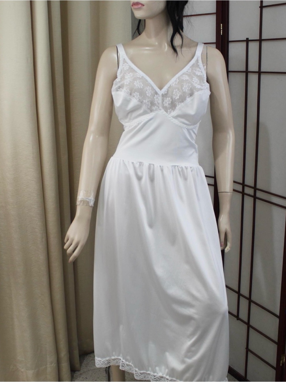 White Vintage Satin Lace-Trim Slip Dress Size 48